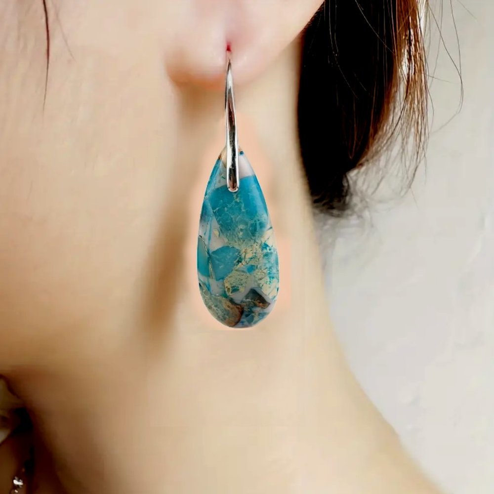 Beautiful Dark Teal Boho-Style Natural Imperial Stone • Dangle Earrings